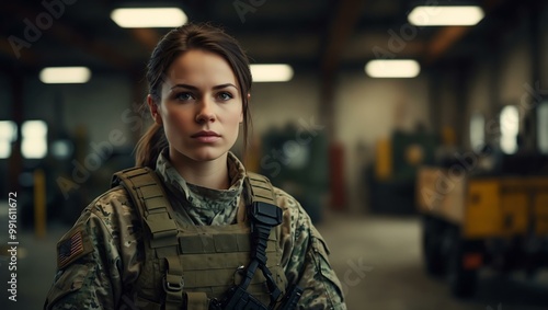 Confident female soldier in an industrial setting.