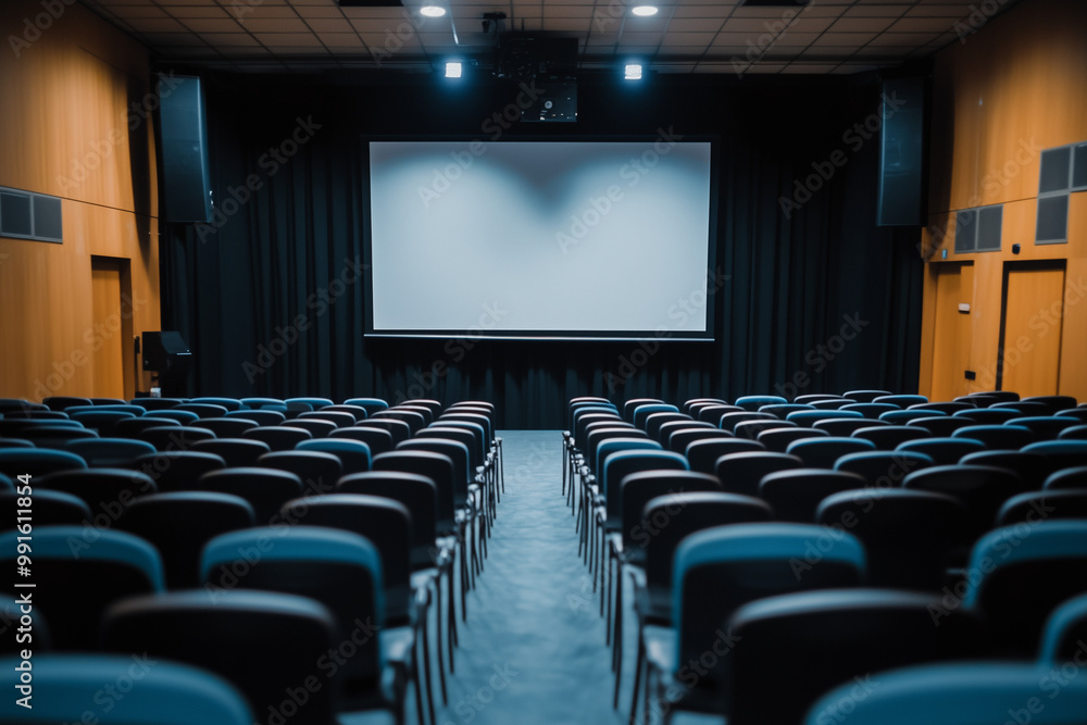 Fototapeta premium View of an empty theater room with rows of chairs facing a blank screen, ready for a presentation or movie screening