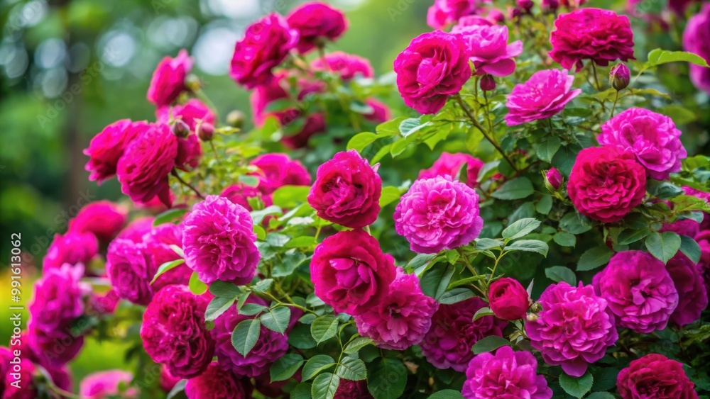 Beautiful Dark Pink Elmshorn Rose Shrub in Full Bloom with Vivid Cerise Pink Flowers Against Lush Green Foliage in Early Autumn Beautiful Dark Pink Elmshorn Rose Shrub in Full Bloom with Vivid Cerise Pink Flowers Against Lush Green Foliage in Early Autumn
