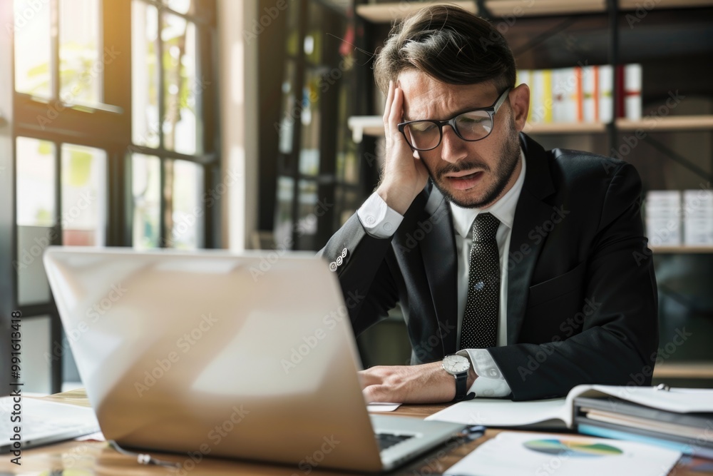 A business professional sits at his desk, typing away on his laptop A business professional sits at his desk, typing away on his laptop