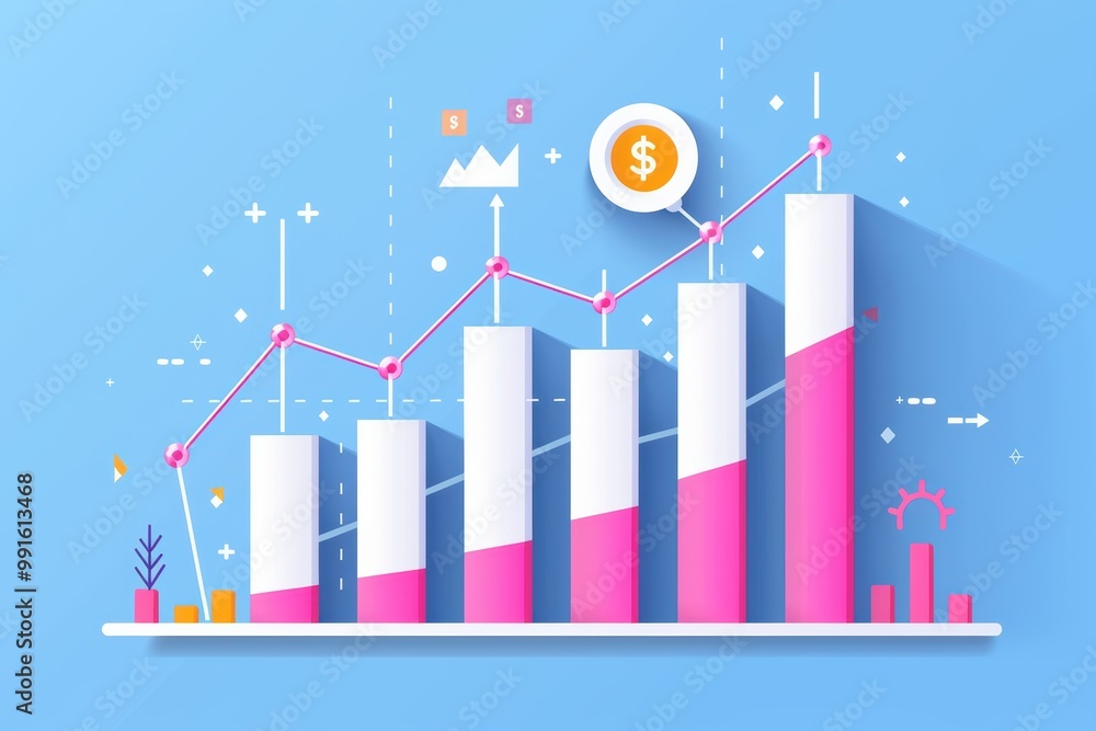Colorful business growth chart with graphs and financial symbols on blue background. Colorful business growth chart with graphs and financial symbols on blue background.