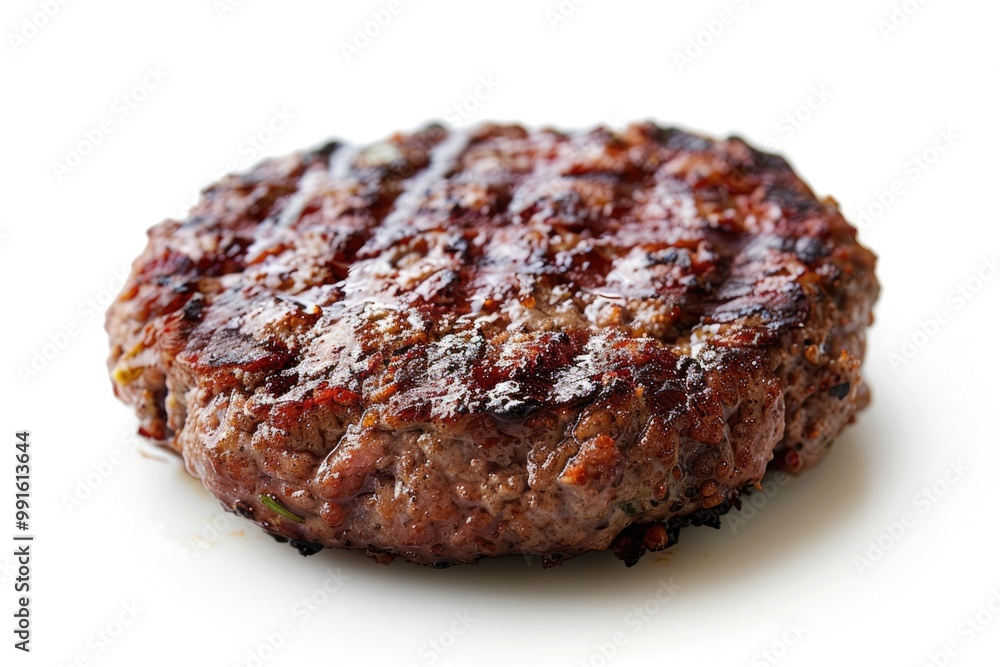 A close-up shot of a juicy hamburger patty on a clean white surface A close-up shot of a juicy hamburger patty on a clean white surface
