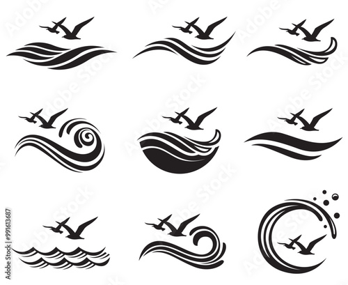 abstract collection of sea waves with seagulls isolated on white background