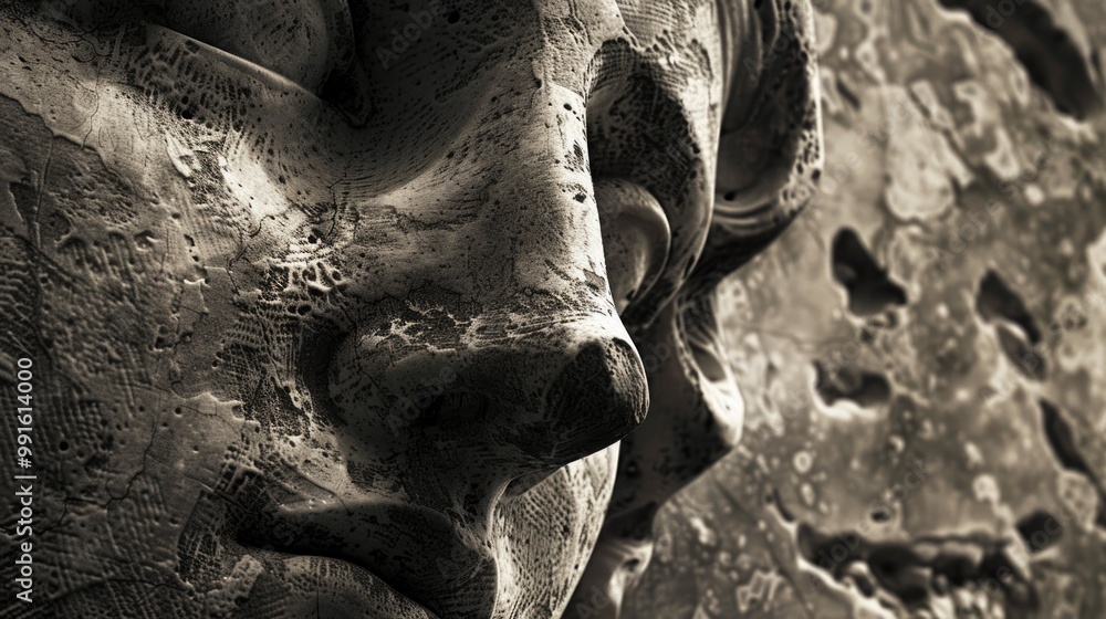 A detailed shot of a statue depicting a man's face, suitable for use in historical or cultural context A detailed shot of a statue depicting a man's face, suitable for use in historical or cultural context