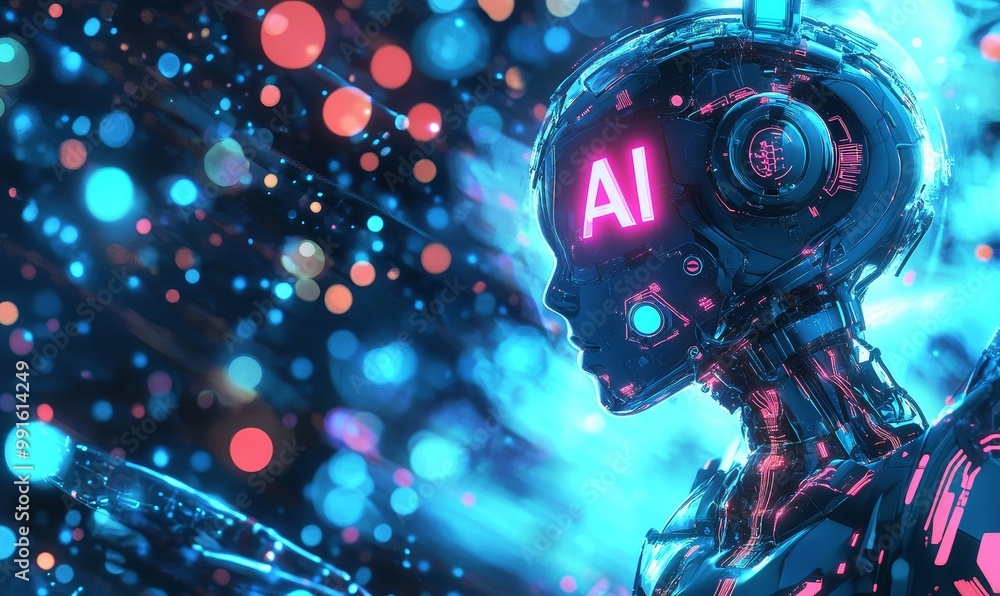 AI robot in blue and pink light. AI robot in blue and pink light.