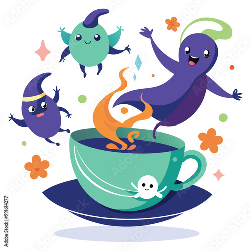 Playful spirits taking a steamy escape from a teacup Illustration on white background.