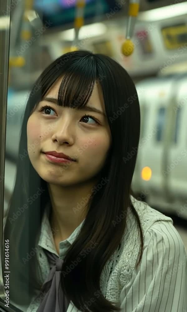 電車で窓の外を見つめる日本人女性 電車で窓の外を見つめる日本人女性