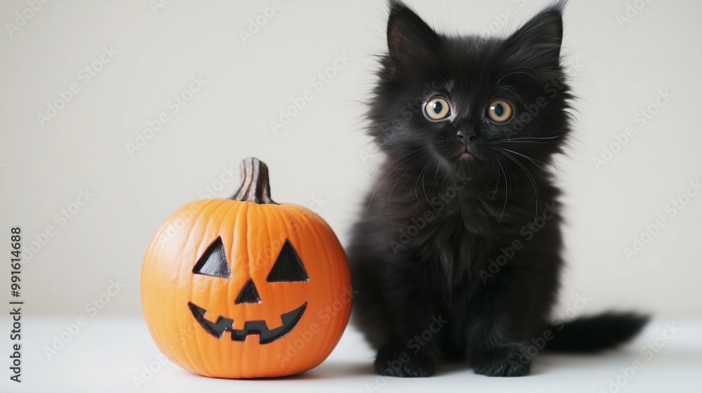 Long-haired black kitten with Halloween pumpkin on a white background Long-haired black kitten with Halloween pumpkin on a white background