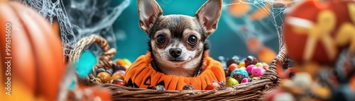 Charming Chihuahua in a pumpkin costume surrounded by colorful candies and Halloween decorations for a festive vibe.