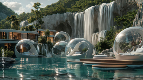 A medical tourism destination where visitors stay in floating bubbles that drift through healing waterfalls, rejuvenating body and spirit photo