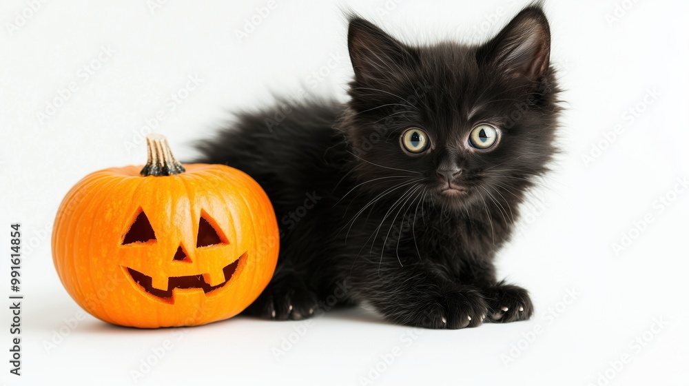 Long-haired black kitten with Halloween pumpkin on a white background Long-haired black kitten with Halloween pumpkin on a white background