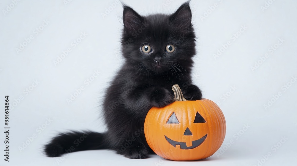 Long-haired black kitten with Halloween pumpkin on a white background Long-haired black kitten with Halloween pumpkin on a white background