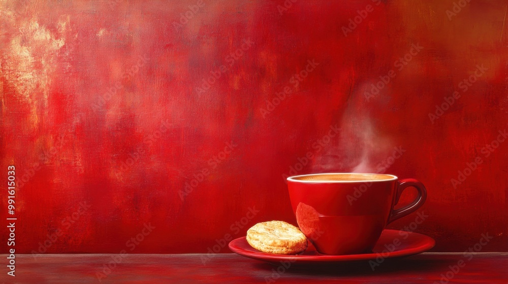 Fototapeta premium Coffee, rusk, red background.. Generative AI