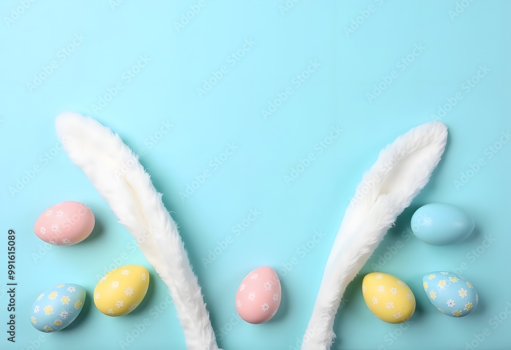 Easter rabbit flaffy ears and row of colored easter colored eggs on blue background, top view with copy space
Easter rabbit flaffy ears and row of colored easter colored eggs on blue background, top view with copy space