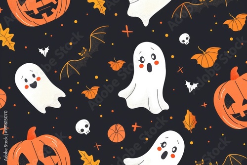 A spooky scene with multiple ghostly figures and pumpkins against a dark backdrop, perfect for Halloween decorations or horror-themed projects