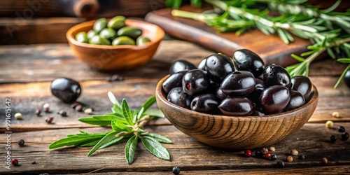 Fresh black olives and herbs on rustic wooden background for Mediterranean cuisine