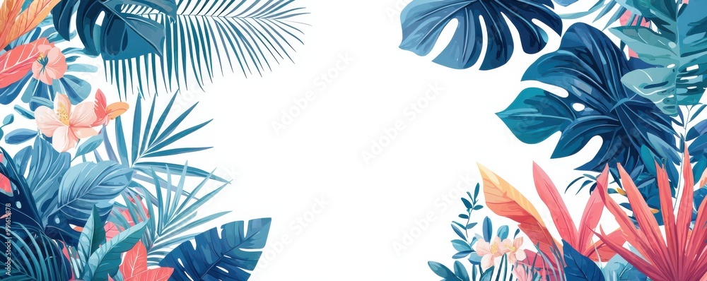 Elegant white blank card frame with tropical teal and coral leaves and flowers illustration on white background Elegant white blank card frame with tropical teal and coral leaves and flowers illustration on white background