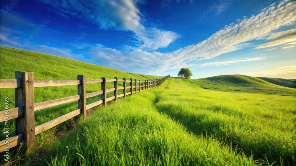 Wooden fence with green grass on a peaceful hillside under clear blue sky Wooden fence with green grass on a peaceful hillside under clear blue sky