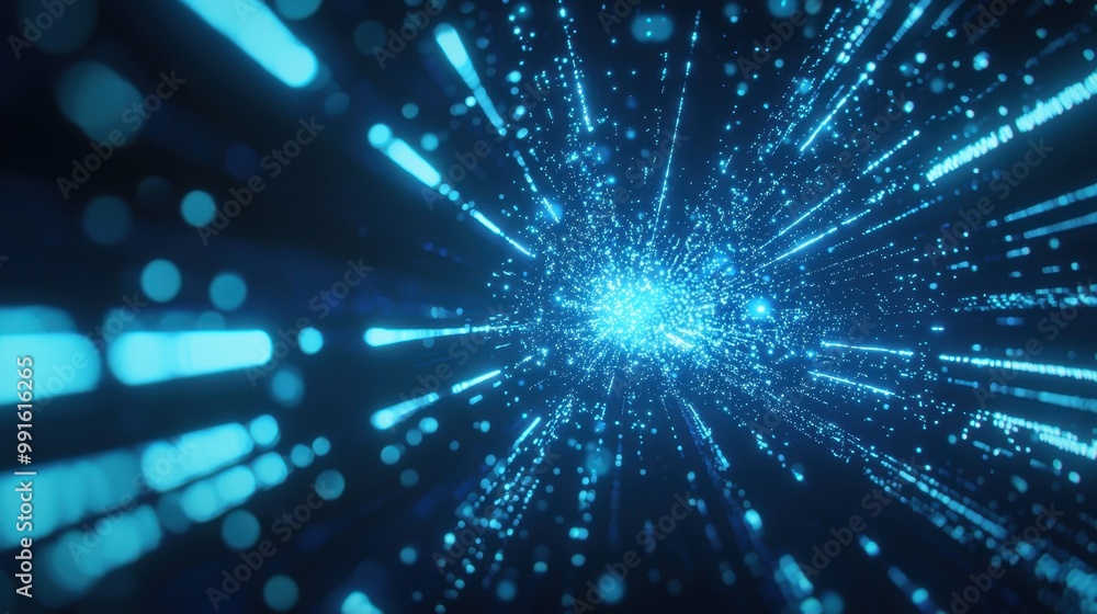 Naklejka premium A dynamic holographic background with blue light beams and digital particles, evoking a modern technology and futuristic atmosphere.