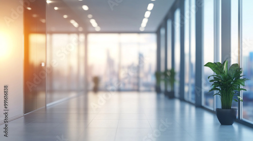 Wallpaper Mural Blurred empty open space office. Abstract light bokeh at office interior background, Modern Glass Hallway with Cityscape Views. Torontodigital.ca