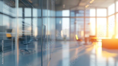 Wallpaper Mural Sunny Corporate Office Interior with Glass Walls, Blurred Empty Open Space Office with Abstract Light Bokeh - Office Interior Background Torontodigital.ca