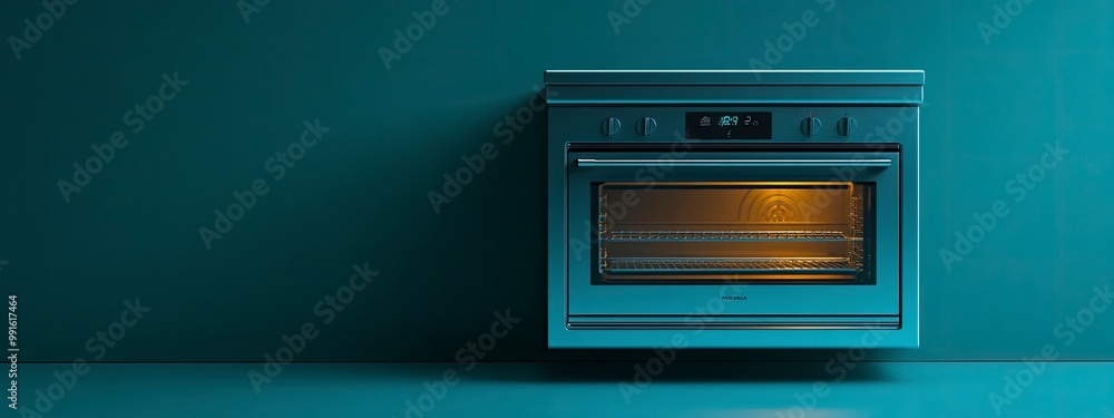 Smart oven preheating via a phone app, digital display glowing, soft ambient kitchen lighting Smart oven preheating via a phone app, digital display glowing, soft ambient kitchen lighting