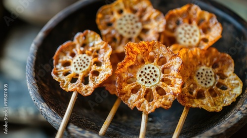 Close-up of crispy lotus pops in a rustic wooden bowl, a perfect healthy snack option for those seeking light and crunchy alternatives. photo