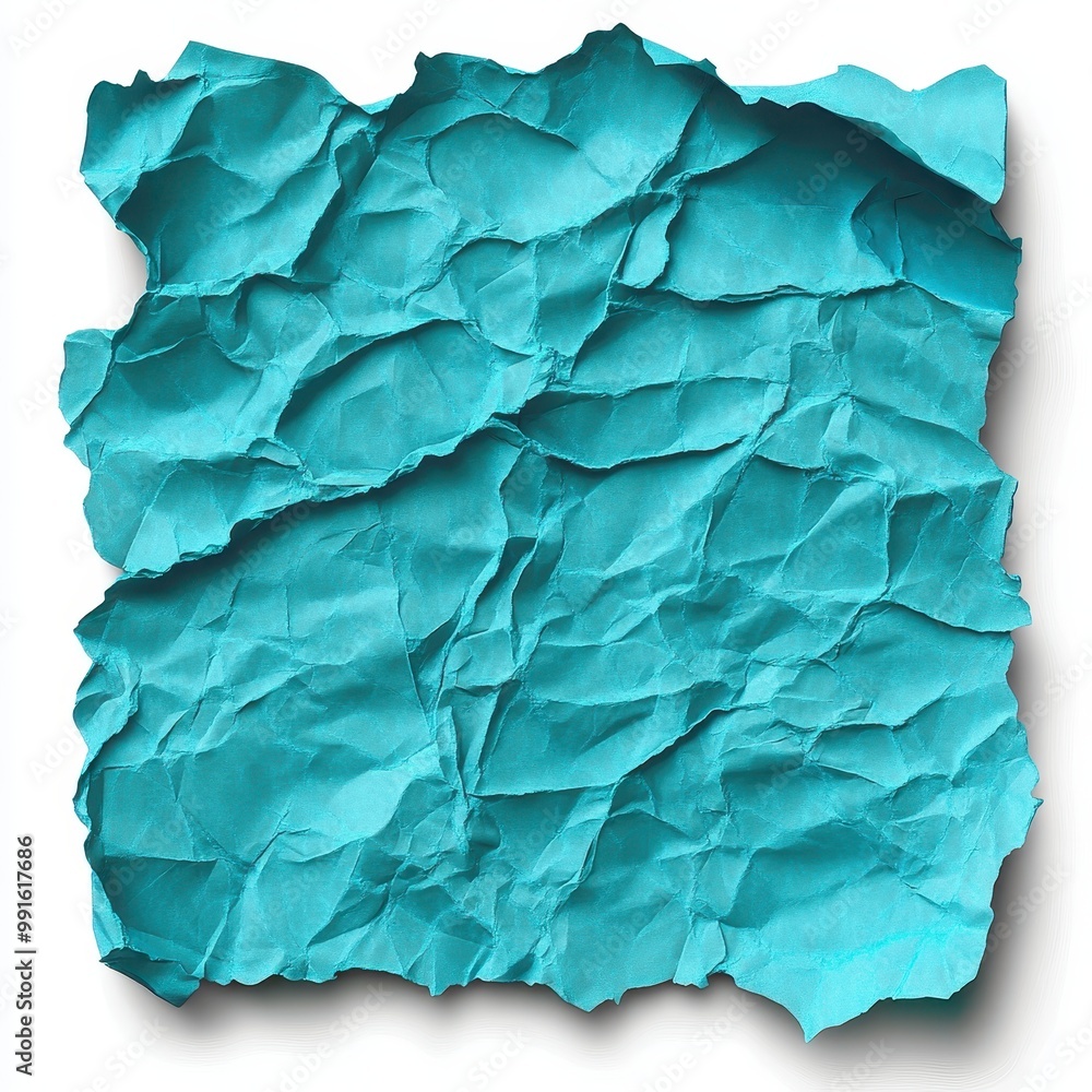 Fototapeta premium Crumpled turquoise paper background texture for creative design and art projects, white background