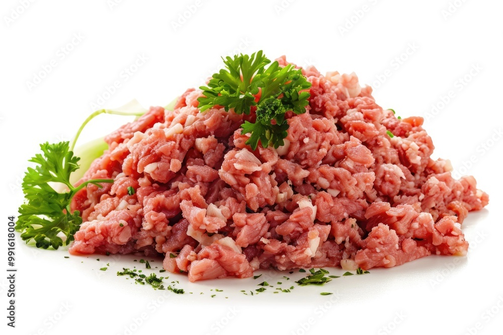A pile of raw meat served with a sprig of fresh parsley A pile of raw meat served with a sprig of fresh parsley