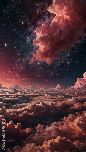 Cosmic landscape with pink clouds and shining stars.