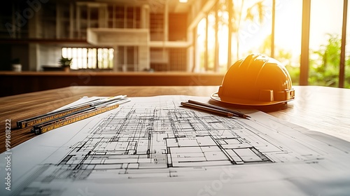 A minimalistic workspace featuring a detailed architectural blueprint, pencils and rulers arranged neatly, and a hard hat resting nearby, photo