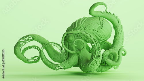 Fotografía Green kraken nautilus cthulhu type sculpture tentacles monochrome pale mint gree