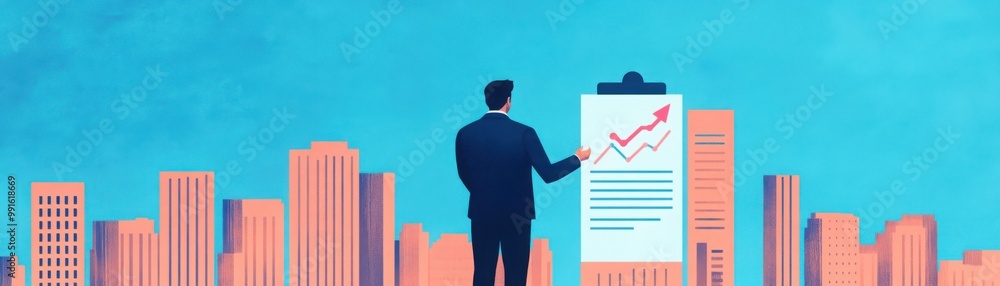Entrepreneur Presenting Growth Chart in Urban Setting Entrepreneur Presenting Growth Chart in Urban Setting