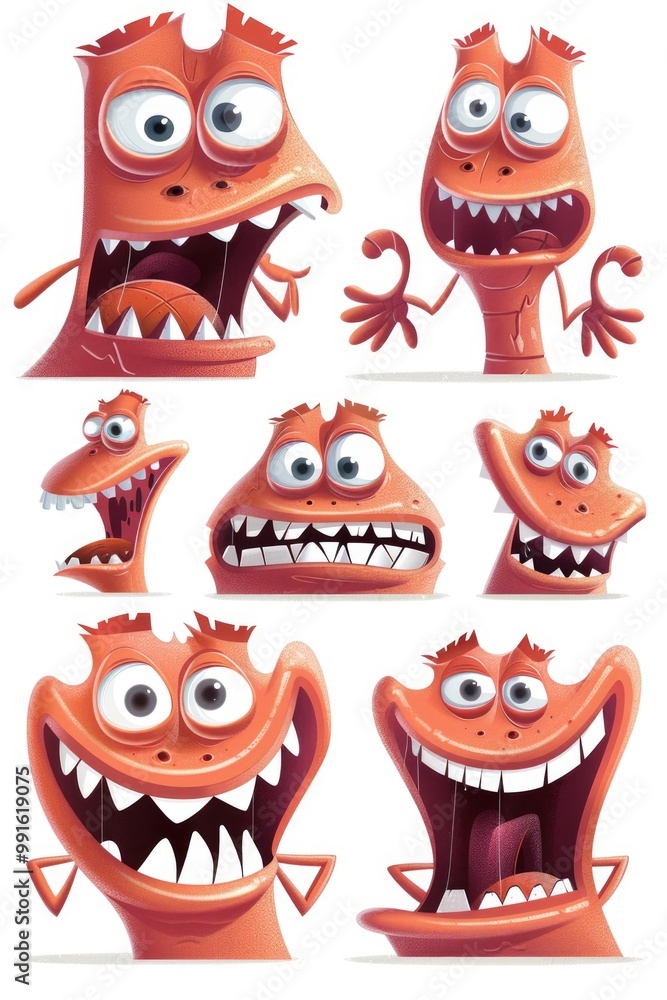 A group of cartoon monsters showing different facial expressions, including happy, sad, angry, and surprised A group of cartoon monsters showing different facial expressions, including happy, sad, angry, and surprised