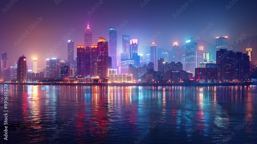 A city viewed from across the water at night, with various buildings and lights A city viewed from across the water at night, with various buildings and lights