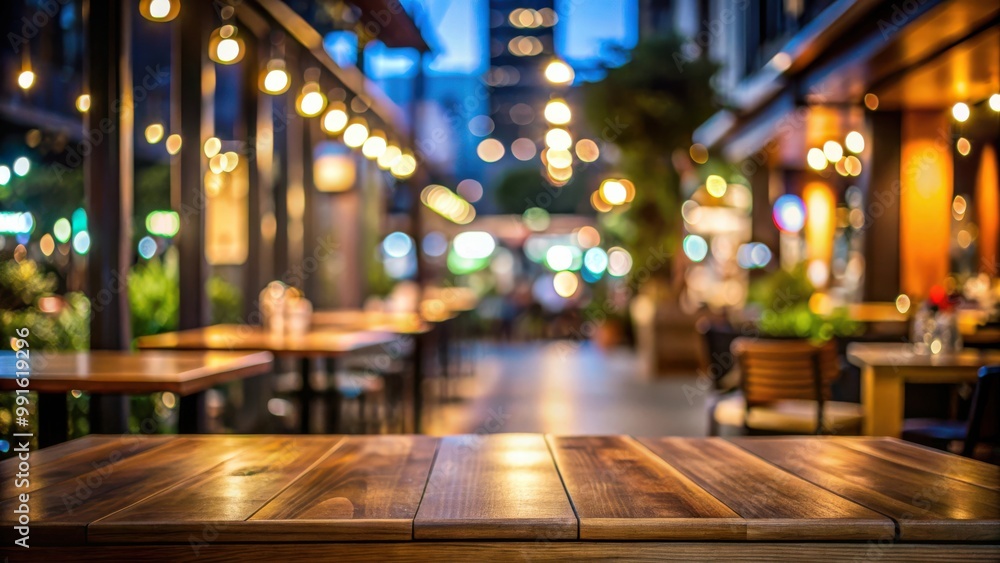 Furnished top desk with blurred restaurant and night street background for stock photo Furnished top desk with blurred restaurant and night street background for stock photo