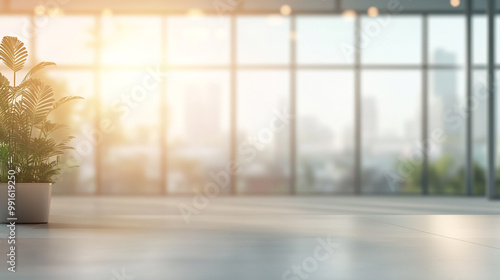 Blurred background of a modern office interior with beautiful lights, Empty office hallway with large windows and tiled floor.