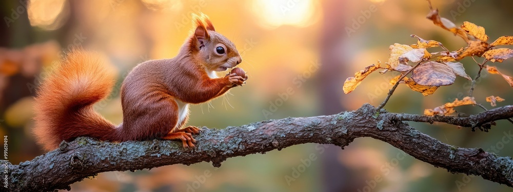 Squirrel perched on a branch, nibbling on a nut, soft sunlight filtering through the leaves Squirrel perched on a branch, nibbling on a nut, soft sunlight filtering through the leaves