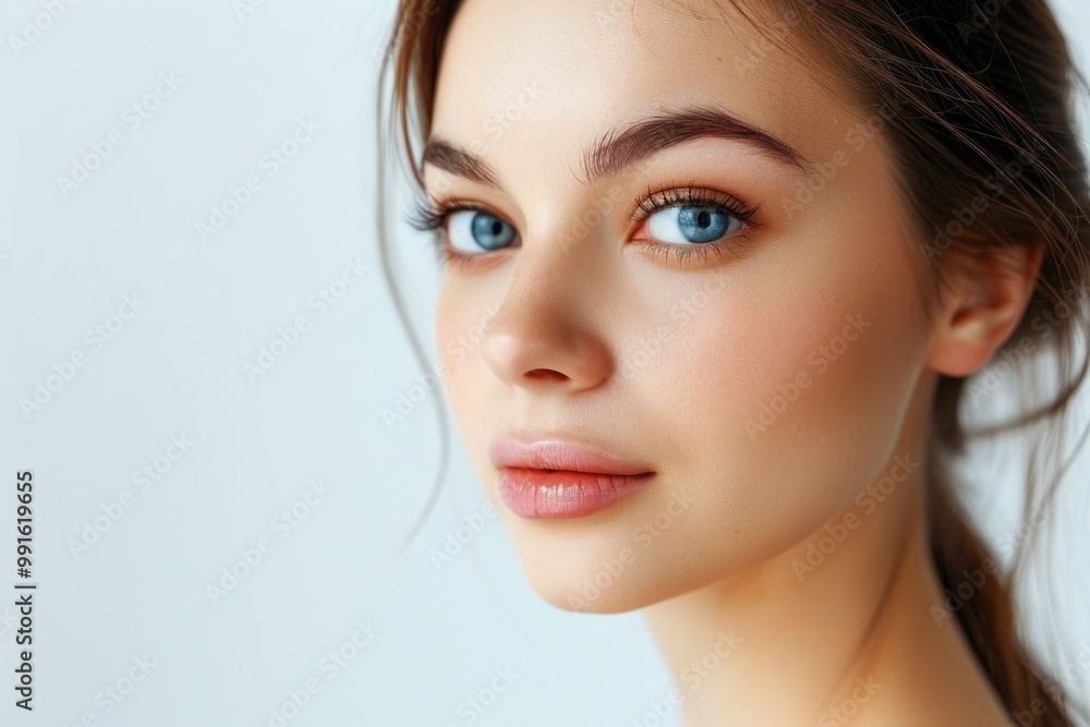 A close-up shot of a woman's face with striking blue eyes A close-up shot of a woman's face with striking blue eyes