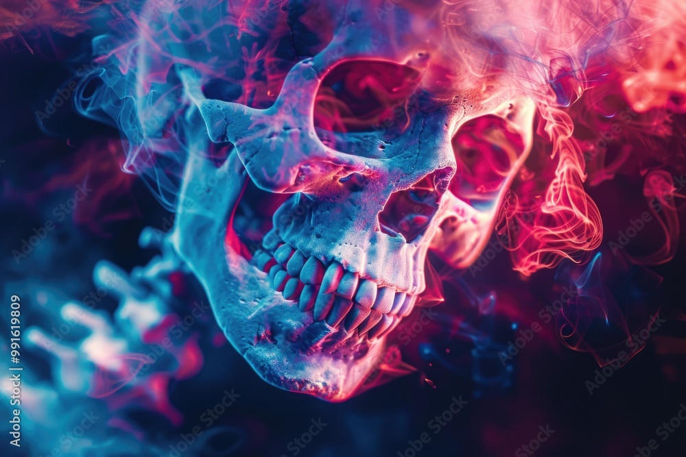 Obraz premium Close-up shot of a skull with smoke emitting from the mouth