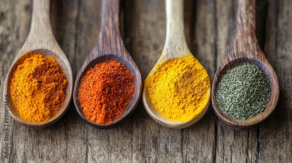 Close-up of wooden spoons with colorful powder spices like chili, turmeric, and cumin, set against a textured wooden surface. Close-up of wooden spoons with colorful powder spices like chili, turmeric, and cumin, set against a textured wooden surface.