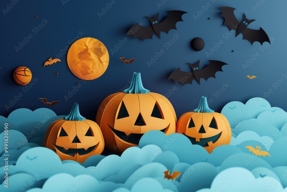 A group of pumpkins sitting on top of a pile of clouds, an imaginative and whimsical scene A group of pumpkins sitting on top of a pile of clouds, an imaginative and whimsical scene