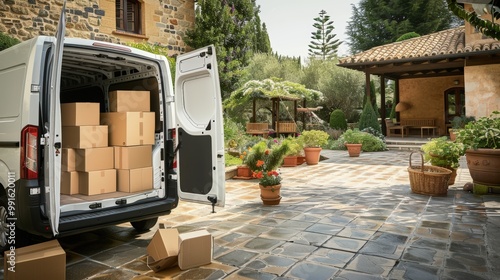 Moving Van with Cardboard Boxes in Residential Driveway Surrounded by Greenery
