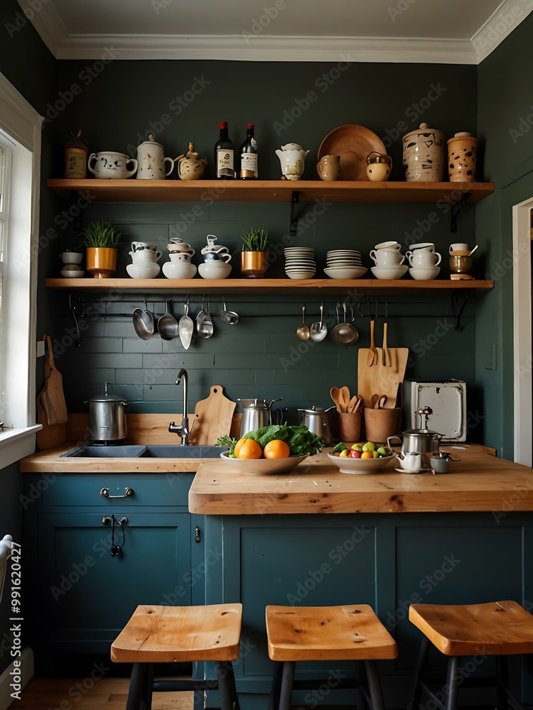 Cozy kitchen with bar island and kitchenware. Cozy kitchen with bar island and kitchenware.