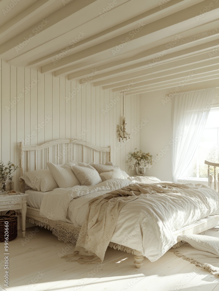 Fototapeta premium Vintage Farmhouse Bedroom Interior with Rustic Decor and Wicker Furniture