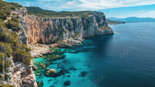 coastline of Sardinia, with sparkling blue waters and coastal cliffs photo