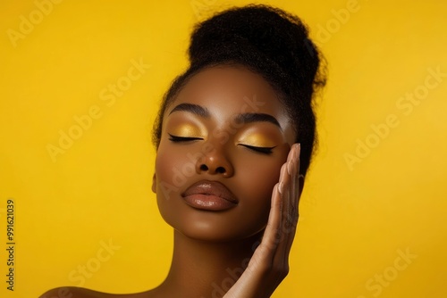 Beautiful african american woman with closed eyes touching face with both hand wearing natural makeup on yellow background .geneative ai