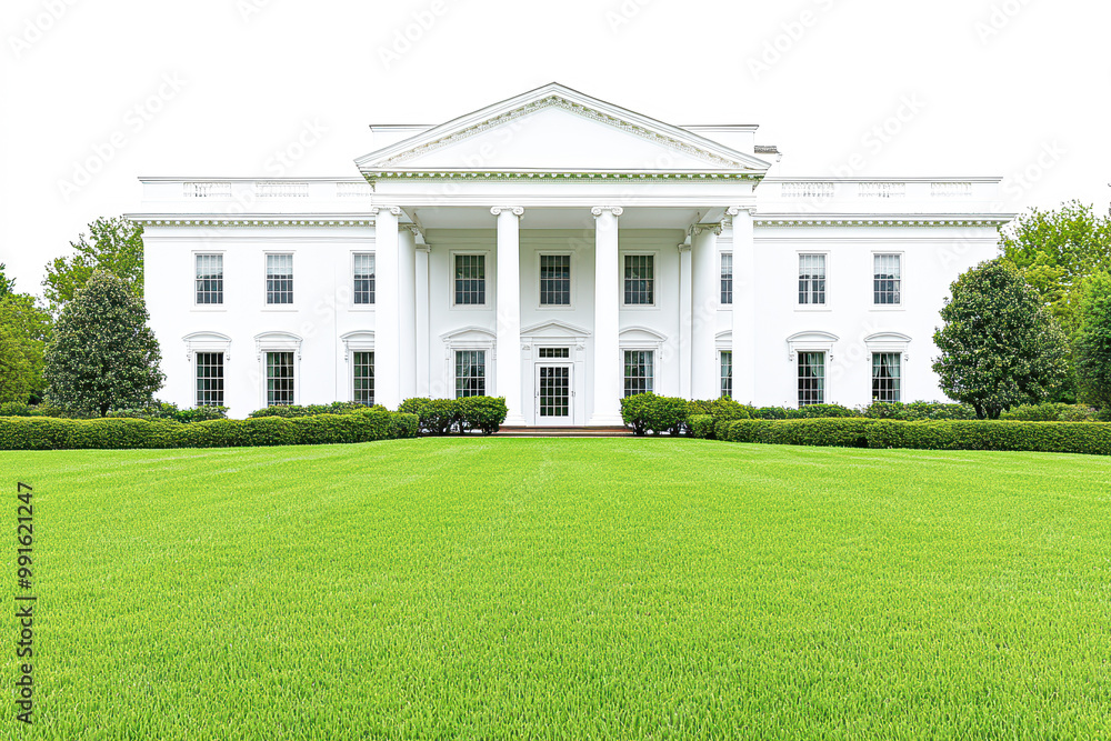 The White House is a large, white building with a green lawn in front of it The White House is a large, white building with a green lawn in front of it