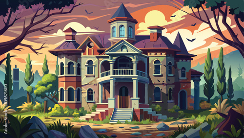 Print Old Abandoned Mansion with Broken Windows in a Vector Background Illustration of a Creepy Deserted House Scene