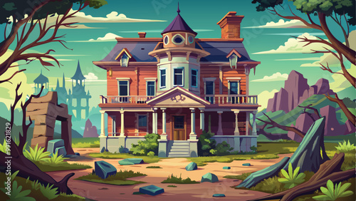 Print Old Abandoned Mansion with Broken Windows in a Vector Background Illustration of a Creepy Deserted House Scene